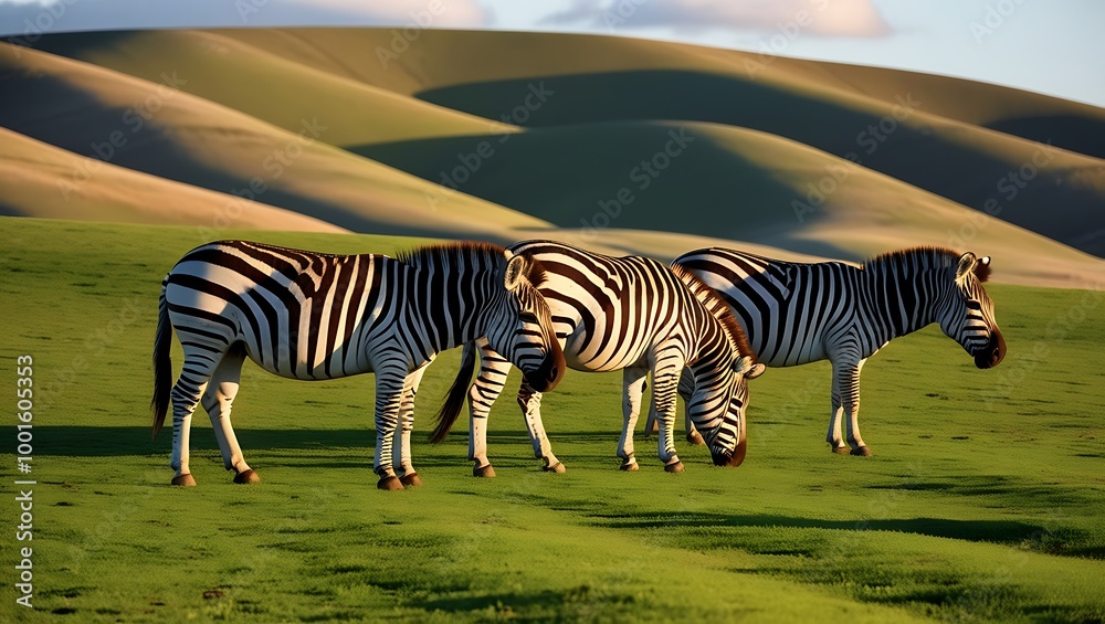 Naklejka premium This captivating image portrays a group of zebras grazing peacefully on the open plains, framed beautifully by the backdrop of rolling hills.