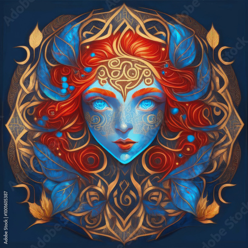 Portrait of a forest fairy in Art Nouveau style, with a golden Arabesque pattern on the skin. Decorative rosette with elements of flora in a fantastic image with a blue face and red hair.