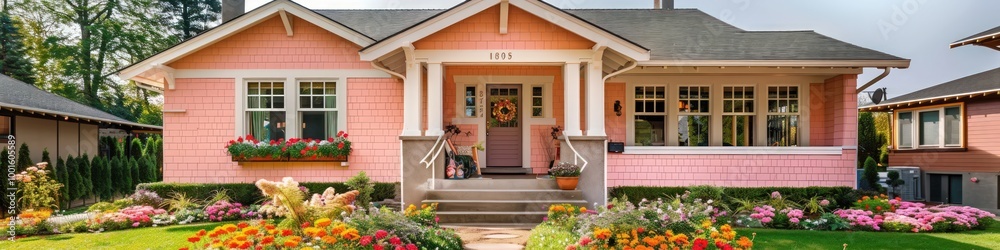 A cozy craftsman home in soft peach, with a quaint front porch and vibrant flower beds. A cozy craftsman home in soft peach, with a quaint front porch and vibrant flower beds.