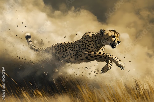 Sleek Cheetah Sprinting Grassland Speed