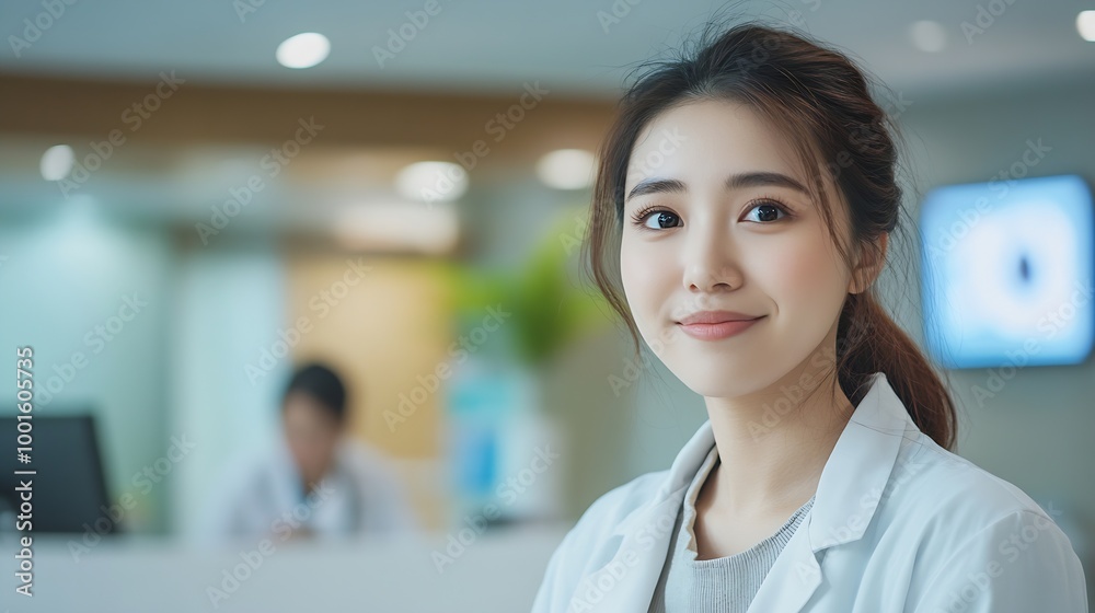 Asian woman comes to reception desk in clinic lobby area and makes appointment with doctor Female administrator talks with patient at information counter Medical staff work in medical : Generative AI Asian woman comes to reception desk in clinic lobby area and makes appointment with doctor Female administrator talks with patient at information counter Medical staff work in medical : Generative AI