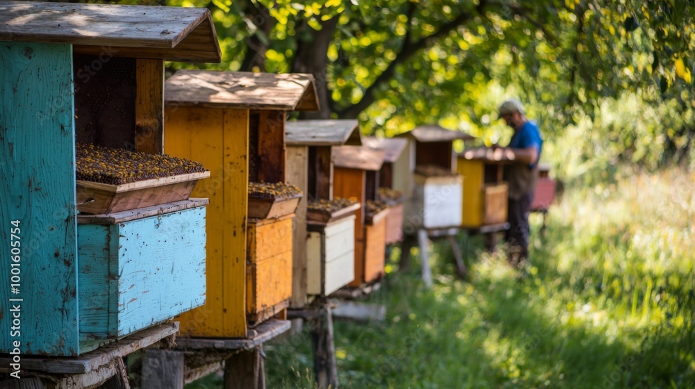 Beekeeper tending to hives in apiary. Concept of beekeeping, apiculture and natural honey production Beekeeper tending to hives in apiary. Concept of beekeeping, apiculture and natural honey production