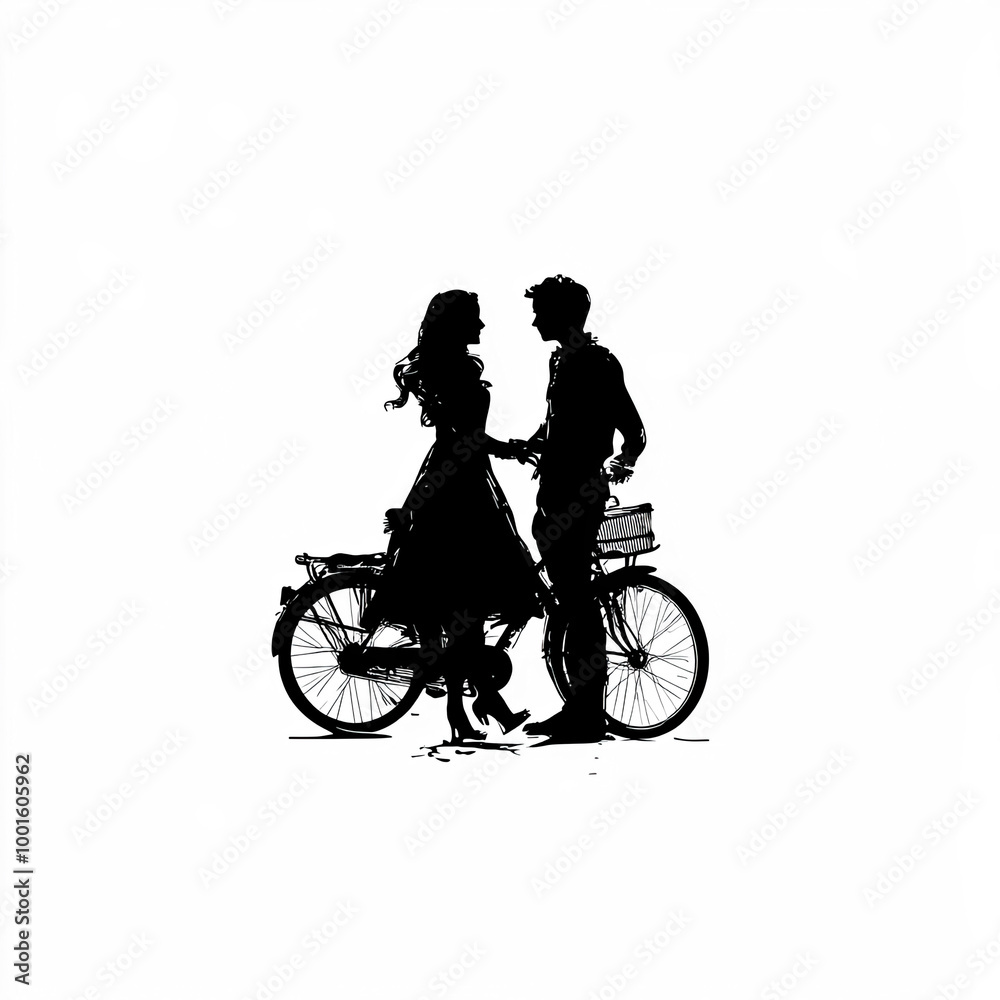 Bicycle And Couple Silhouette, Illustration Isolated On White Background Bicycle And Couple Silhouette, Illustration Isolated On White Background