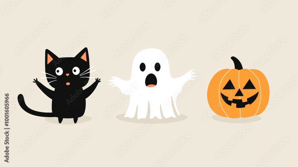 Surprised black cat and white ghost with a spooky pumpkin capture halloween essence in this cartoon illustration, perfect for cards and decorations