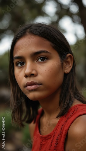 Indigenous Australian girl wearing a red top.