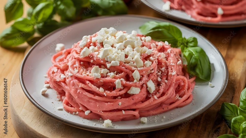 Vibrant pink vegan pasta topped with feta cheese and basil Vibrant pink vegan pasta topped with feta cheese and basil