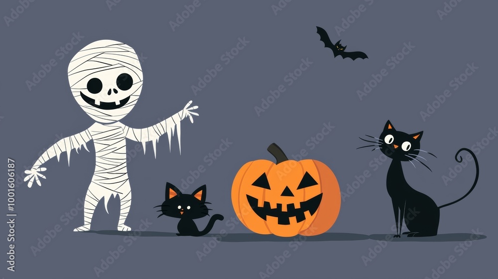 Cartoon mummy is waving next to a carved pumpkin and two black cats, with a bat flying in the background. This funny illustration is perfect for halloween projects Cartoon mummy is waving next to a carved pumpkin and two black cats, with a bat flying in the background. This funny illustration is perfect for halloween projects