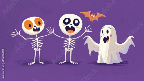 Two cute skeletons and a friendly ghost celebrating halloween with a little bat flying above them, an illustration ideal for halloween projects