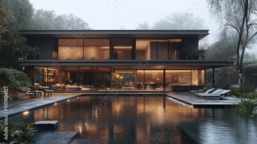 modern architecture villa with a swimming pool under rainy weather setting creating a calm atmosphere and stylish exterior design perfect for a luxury home showcasing tranquility and elegance