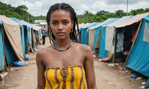 A young woman walks through a camp of blue tents on a dirt road photo