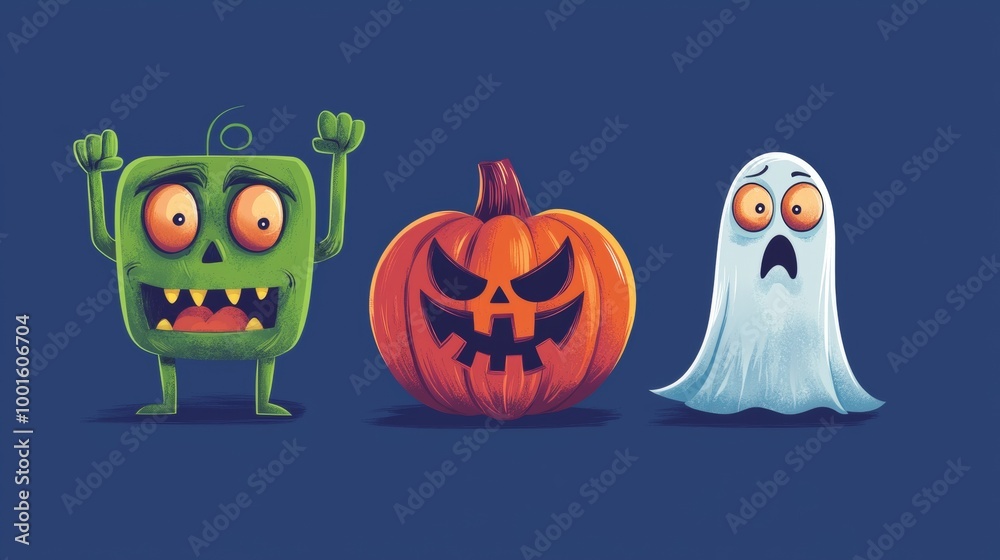 Spooky halloween party with a green monster, a carved pumpkin, and a funny ghost posing on a blue background, adding whimsical charm to the celebration Spooky halloween party with a green monster, a carved pumpkin, and a funny ghost posing on a blue background, adding whimsical charm to the celebration
