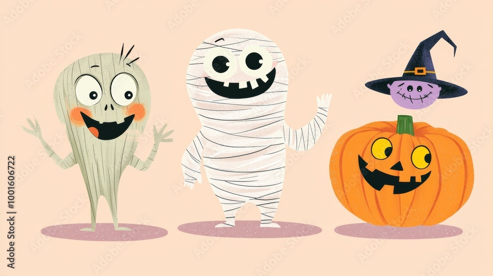 Obraz premium Cheerful halloween characters waving and smiling in a festive illustration, perfect for cards or invitations. Cute and playful design with colorful elements on pink, white, and orange background