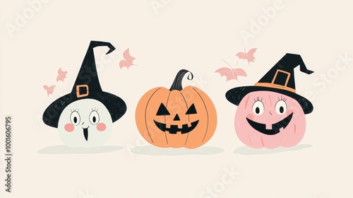 Three colorful pumpkins in witch hats smile and celebrate halloween, adding whimsical charm to autumn. Their playful costumes bring joy and excitement to the traditional holiday. Happy halloween!