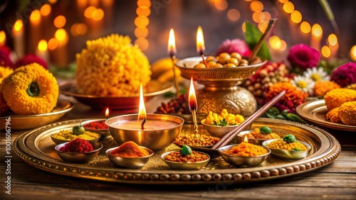 A Puja Brass Thali with Diya Lamp and Flowers, Haldi, and Kumkum, Traditional Indian Worship Plate for Religious Ceremonies and Festivals
 photo