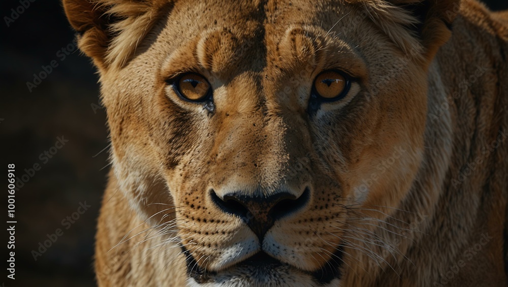 Intense gaze of a lioness depicted in ultra-realistic detail. Intense gaze of a lioness depicted in ultra-realistic detail.