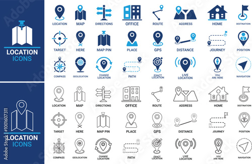 Line art Location icon set. Containing map, map pin, gps, destination, directions, distance, place, navigation and address icons. Solid icons vector collection.