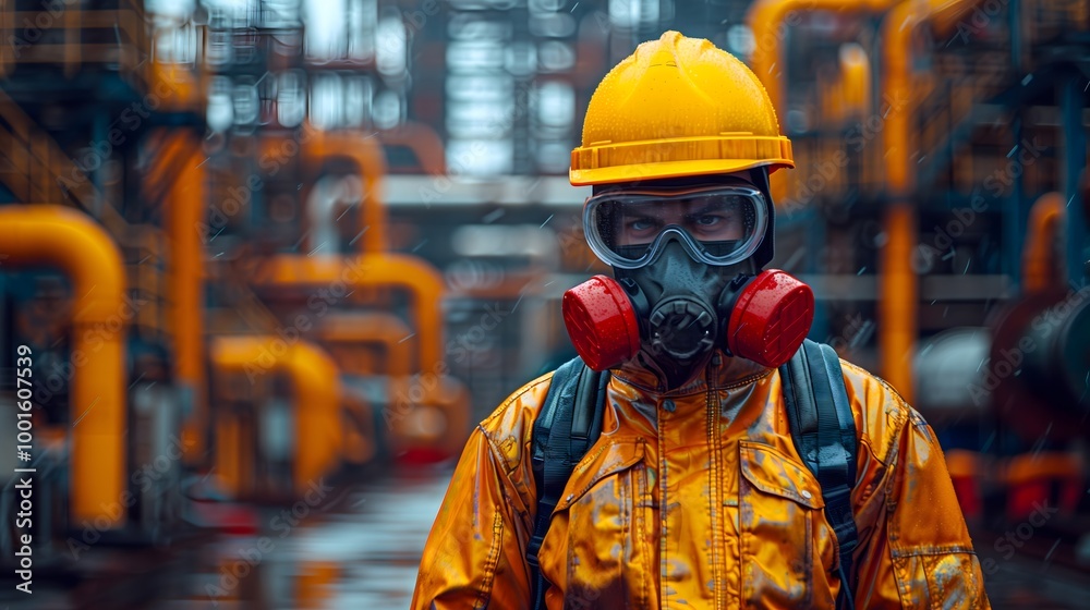 man in a set of personal protective equipment (PPE) against the background of a chemical plant