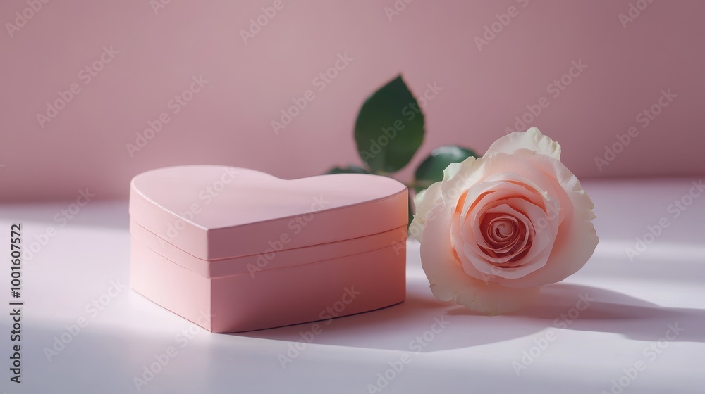 A delicate heart-shaped gift box sits next to a single rose, creating a romantic atmosphere A delicate heart-shaped gift box sits next to a single rose, creating a romantic atmosphere