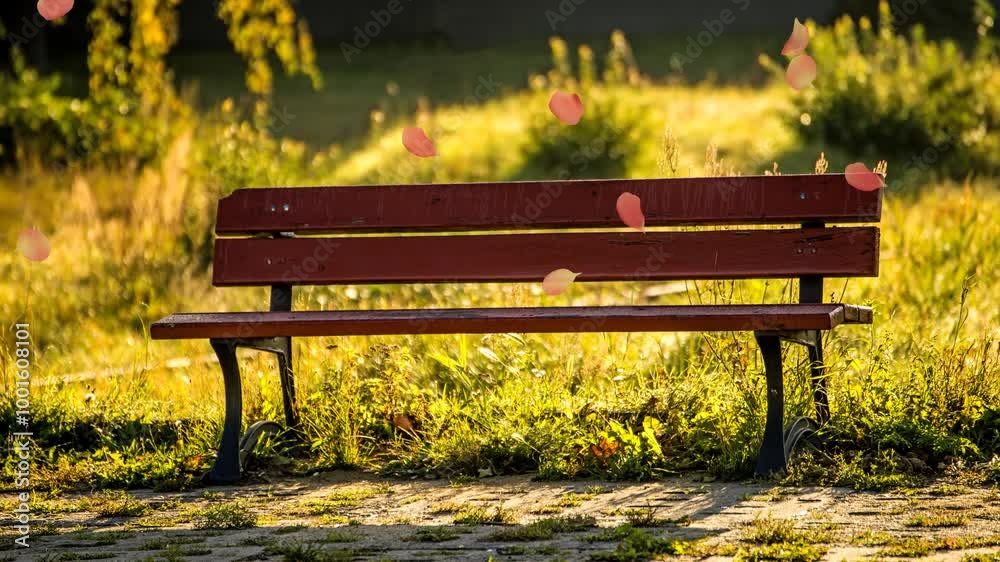 autumnal still with park bench with falling leaves in soft warm sunlight autumnal still with park bench with falling leaves in soft warm sunlight