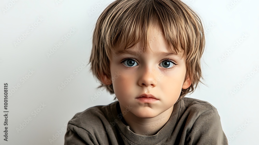 Closeup portrait of a sad young boy looking into the camera. Concept of child depression, mental health, loneliness, or grief. Closeup portrait of a sad young boy looking into the camera. Concept of child depression, mental health, loneliness, or grief.