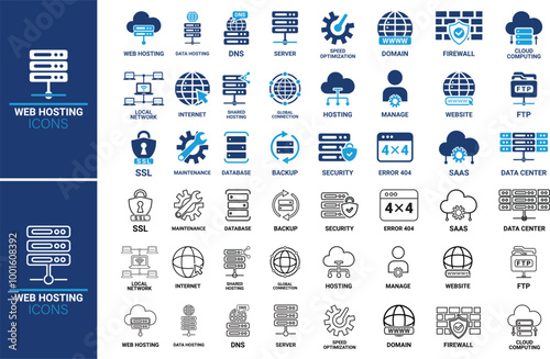 Line art Web hosting icon set. Containing cloud computing, server, domain, firewall, internet, FTP, database, SSL, data hosting and more. Solid vector icons collection.