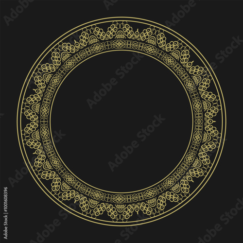 Round frame with vintage gold ornament on black background. Vector illustration