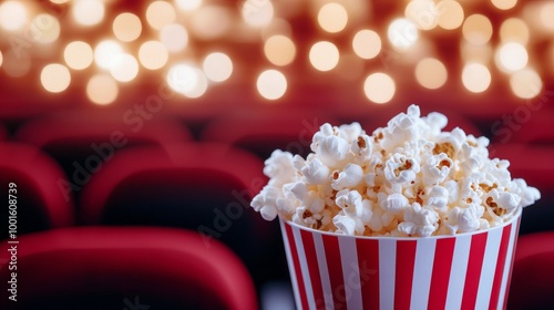 Freshly popped popcorn in a red and white striped container with a blurred fe...