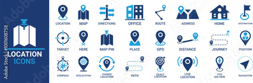 Line art Location icon set. Containing map, map pin, gps, destination, directions, distance, place, navigation and address icons. Solid icons vector collection.