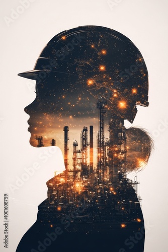 A silhouette of a woman in a hard hat with an industrial skyline illuminated ...