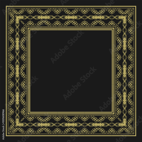 Square frame with vintage gold ornament on black background. Version 3. Vector illustration