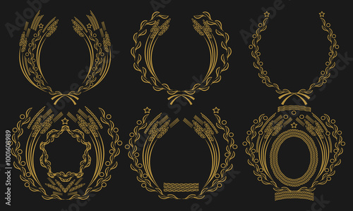 Six golden wreaths with various stylized plant elements. Vector set