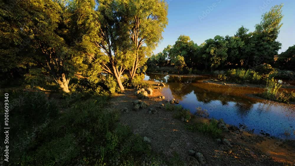 A serene riverside landscape features vibrant trees and calm waters reflecting the evening light. The tranquil scene invites peaceful contemplation in natures embrace. A serene riverside landscape features vibrant trees and calm waters reflecting the evening light. The tranquil scene invites peaceful contemplation in natures embrace.