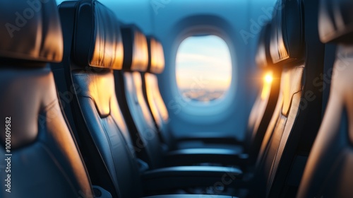 Empty airplane seats by the window with stunning sunset over the clouds in th...