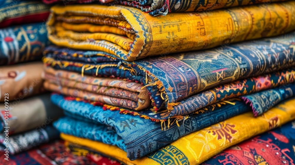 Aerial perspective of diverse fabric layers showcasing unique textures and vibrant colors Aerial perspective of diverse fabric layers showcasing unique textures and vibrant colors