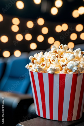 Freshly made popcorn in a classic striped bucket at the cinema with blurred l...