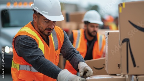 Workers handling packages at a delivery warehouse during daylight hours
