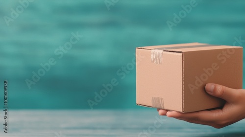 Person holding a small cardboard box against a turquoise background in a well...
