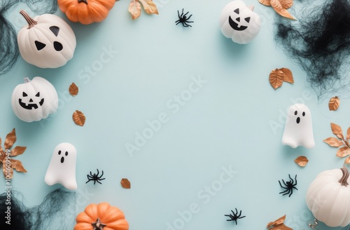 Decorative Halloween layout with pumpkins, ghosts, and spiders against a past...