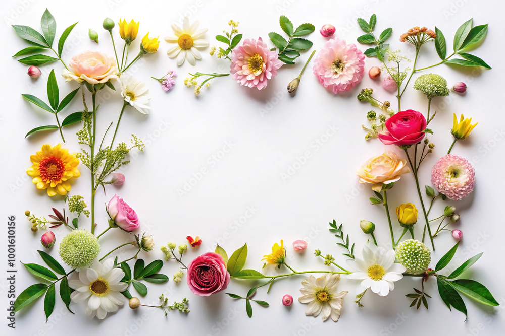 frame with flowers, branches, leaves and petals isolated on white background. flat lay, top view frame with flowers, branches, leaves and petals isolated on white background. flat lay, top view