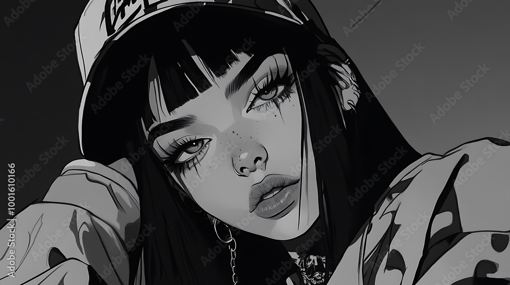 Fototapeta premium Black and white illustration of a cool girl with a cap and dark makeup