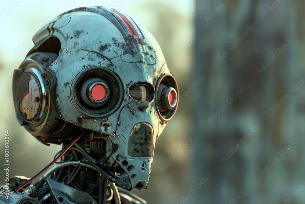 A robot with a helmet on its head. generative ai image A robot with a helmet on its head. generative ai image