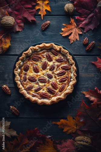 Delicious pecan pie surrounded by autumn leaves and nuts on a rustic wooden t...