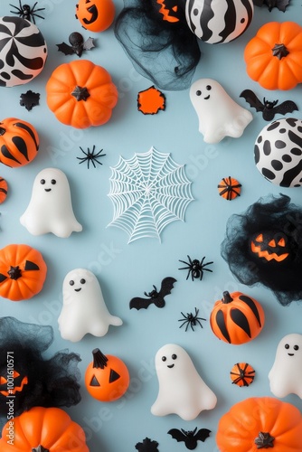 Colorful Halloween decorations with pumpkins, ghosts, and bats on a blue back...