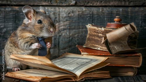 Adorable Business Mouse Reading an Antique Book A Clever Rodent Scholar With a Blue Necktie