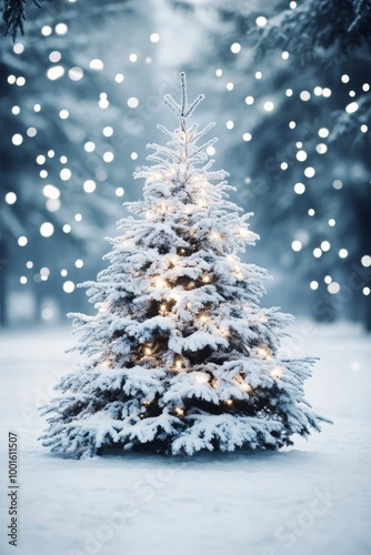 A beautifully lit, snow-covered Christmas tree in a serene winter landscape w...