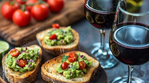 Elegant avocado toasts with fresh vegetables and guacamole accompanied by wine on dark wood