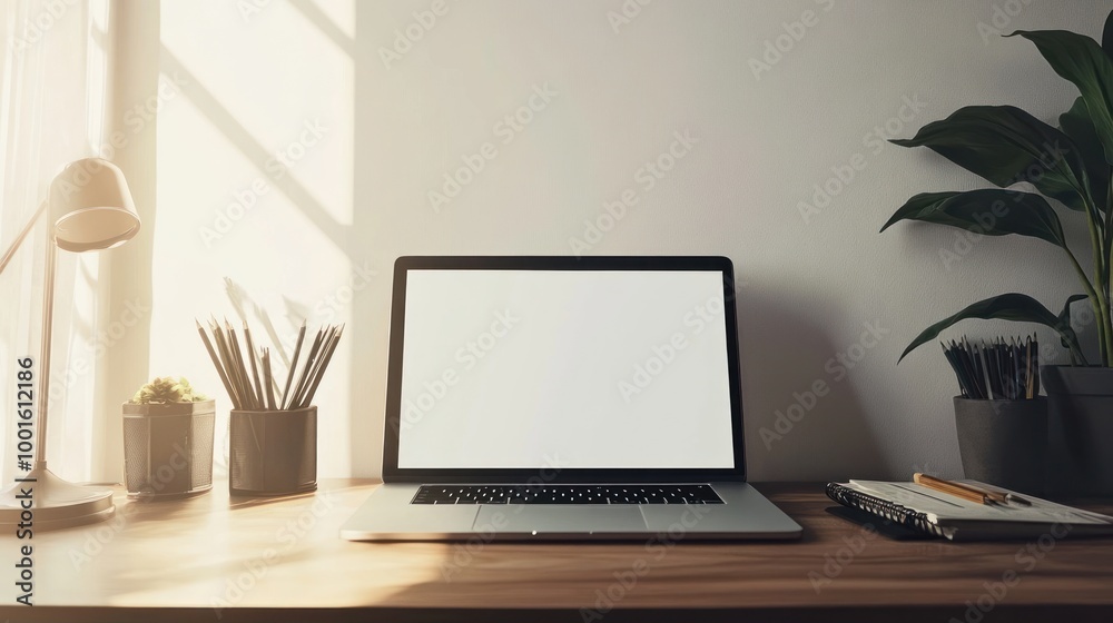 Laptop on a Desk with Workspace Essentials Laptop on a Desk with Workspace Essentials