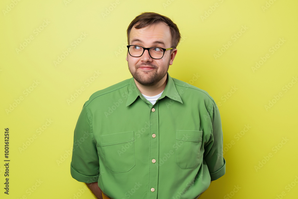 Fototapeta premium Casual portrait of a man wearing glasses and a green shirt, standing against a vibrant yellow background, showcasing a playful and thoughtful expression in a colorful setting.