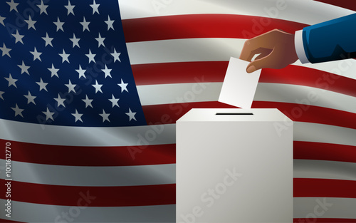 Celebrate democracy in USA with this vector illustration, featuring a voting box with American flag as the backdrop, election day, copy space for customized messaging or event details
