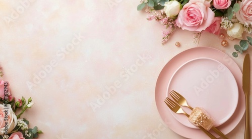 Elegant table setting with pink roses and golden cutlery for a special celebr...